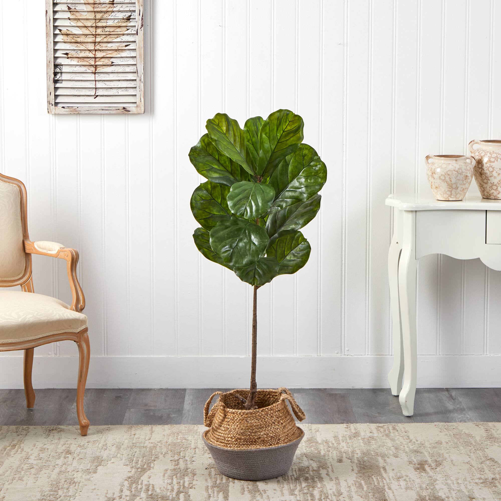 4ft. Fiddle Leaf Artificial Tree in Boho Chic Handmade Cotton & Jute Gray Woven Planter UV Resistant (Indoor/Outdoor)